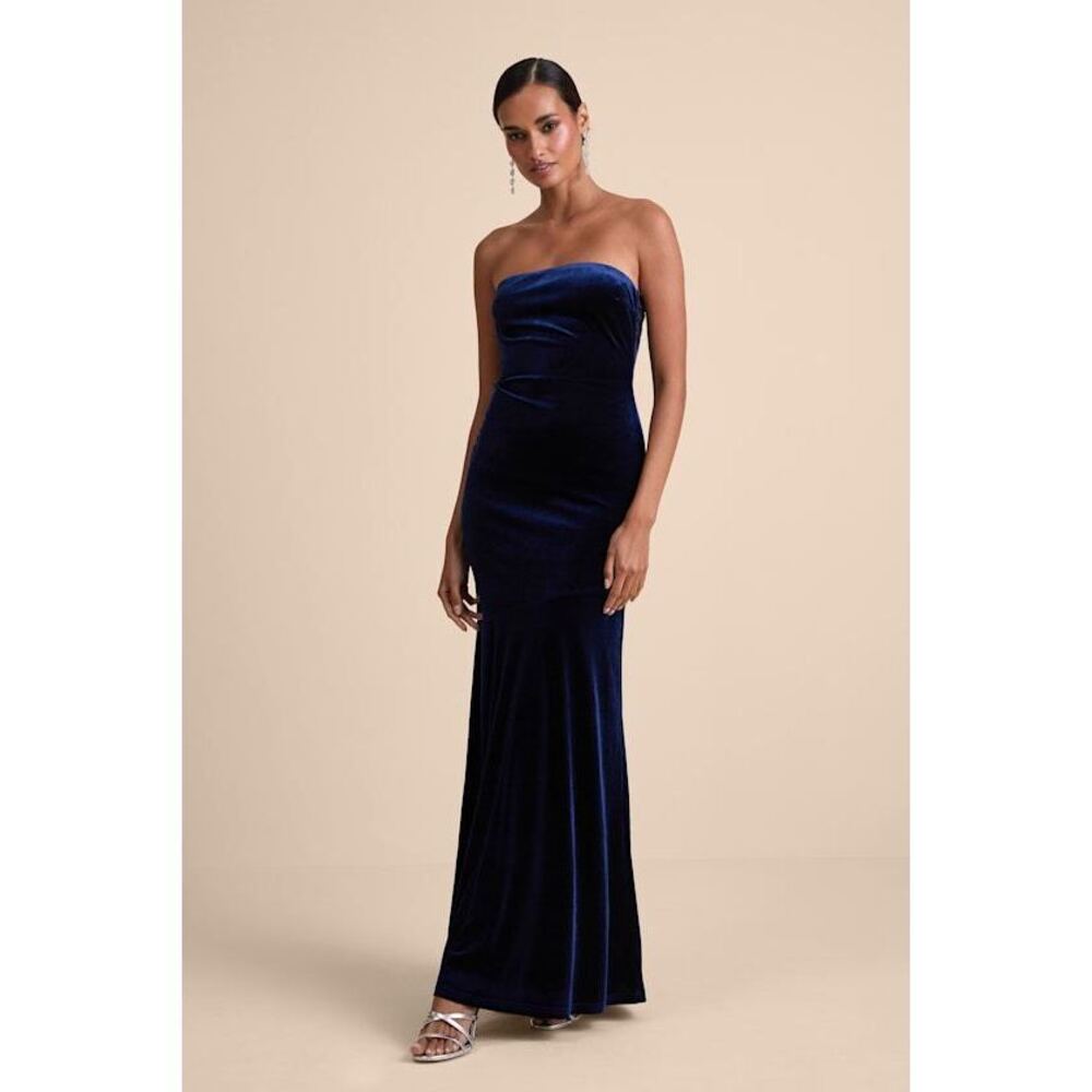 Lulus Mesmerizing Elegance Navy Blue Velvet Back Bow Maxi Dress - Size L